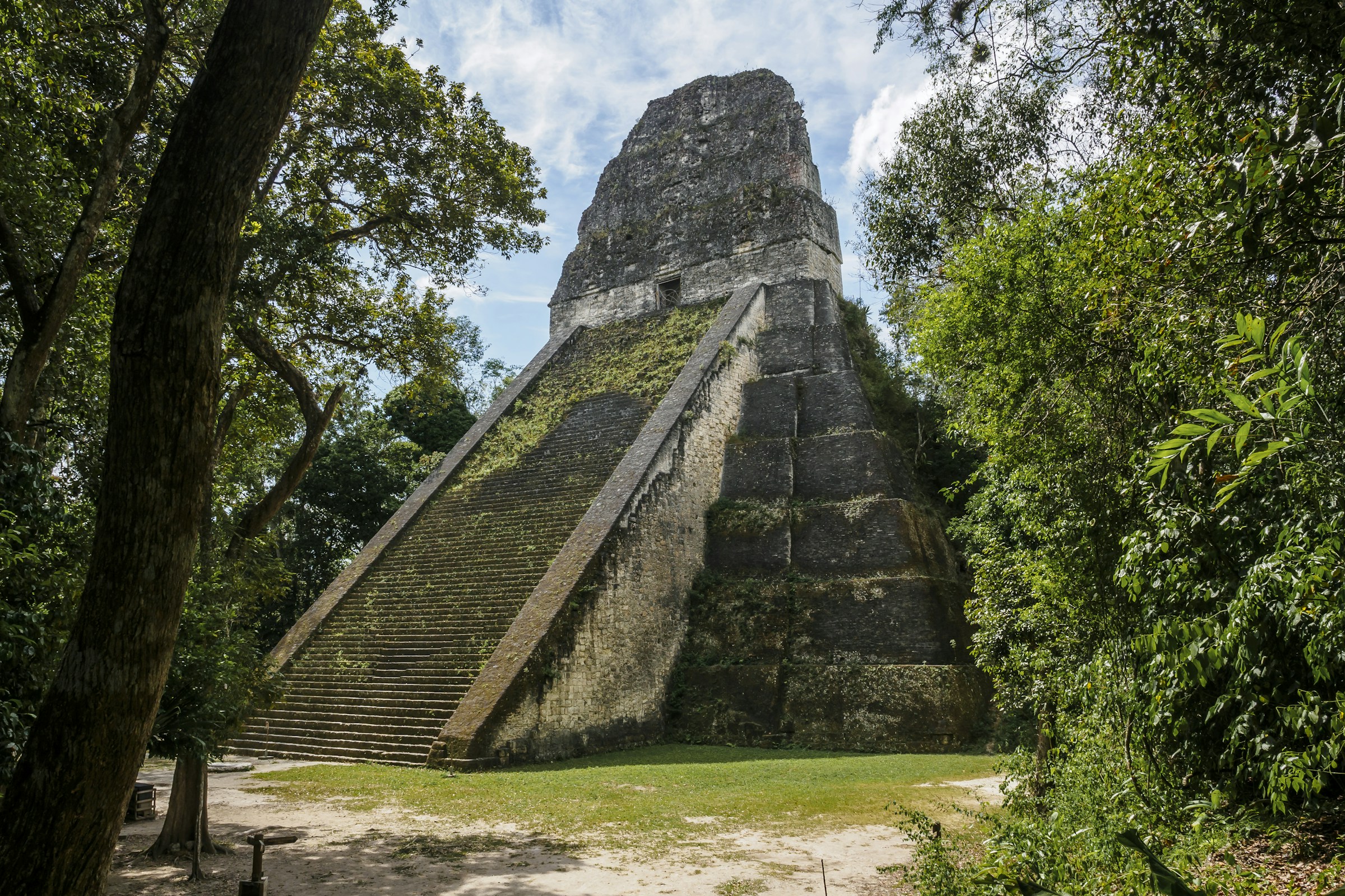 A Maya temple pyramid at Tikal rising above the rainforest canopy in Guatemala